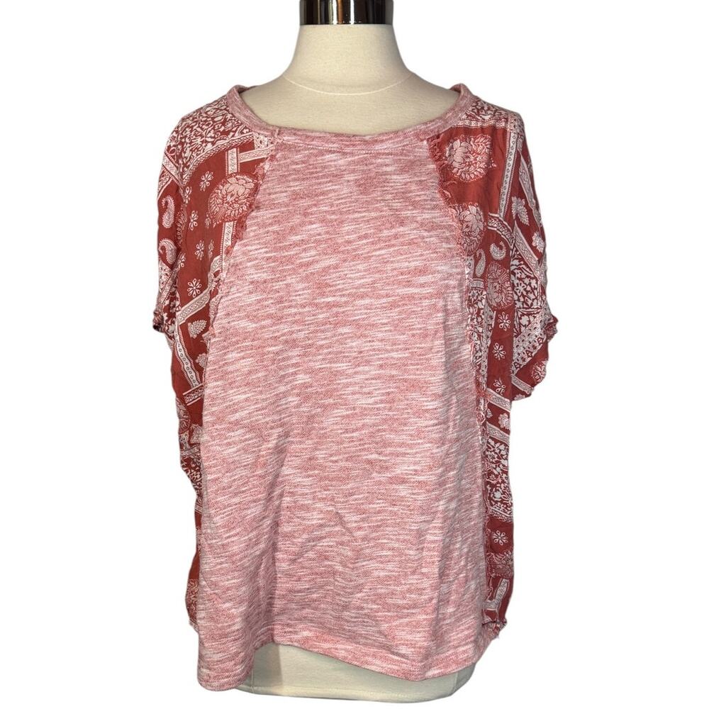 GIGIO Plus Women’s 2XL Red White Paisley Patchwork Boxy Short Sleeve Top